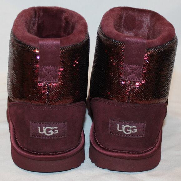 NIB UGG YOUTH SEQUIN MINI SHEARLING LINED BOOTS BURGUNDY PORT‎ - Picture 5 of 7
